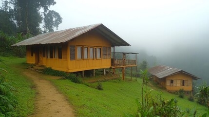 Fototapeta premium A peaceful landscape emerges as fog envelops yellow cabins on a hillside, surrounded by verdant grass and trees, creating a tranquil atmosphere