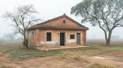 Obraz premium Amidst a thick blanket of fog, an abandoned brick house stands quietly in the countryside, framed by barren trees and stretched fields