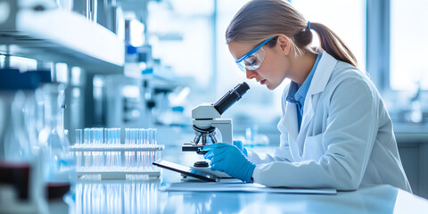 Scientist is looking through a microscope and taking notes, background