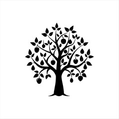 Black Silhouette Fruit Tree with Apples Clip Art