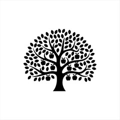 Black Silhouette Fruit Tree with Apples Clip Art