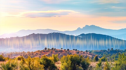 Sound waves radiating across a serene landscape, symbolizing the interconnectedness and harmony of natural and auditory elements.