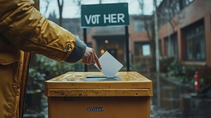 A close-up of a hand placing a ballot in a voting box, with a VOTE HERE sign visible behind and a school building in soft focus, capturing the beauty of civic duty