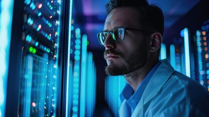 Cybersecurity Expert Evaluates Systems in a High-Tech Server Room Environment