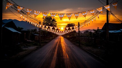 A community road decorated with flags and campaign posters, voters heading to the polls in the morning light, highlighting the peaceful exercise of democracy