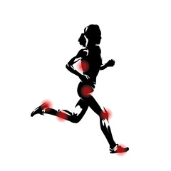 Injuries and pain when running. Health problems of athletes. The figure of a running woman with frequent health problems highlighted