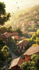 A picturesque hillside village bathed in golden sunlight, with red-tiled roofs and lush greenery, creating a serene and idyllic scene.