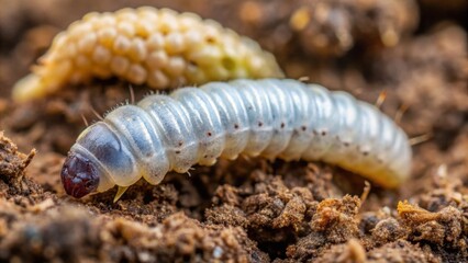 Naklejka premium Close up of tenebrio molitor larva in a breeding farm, larva, insect, breeding, farm, close up, agriculture