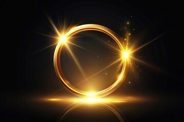 Symmetrical golden ring flying on dark background