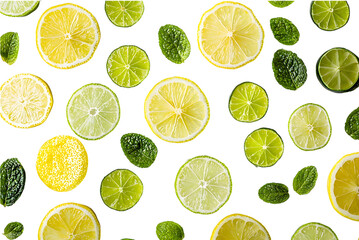 Citrus fruits, citrus slices and leaves on a white or transparent background.