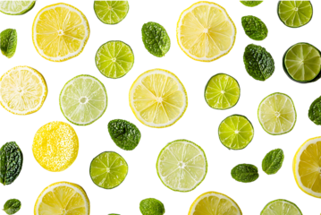 Citrus fruits, citrus slices and leaves on a white or transparent background.