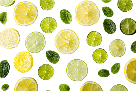 Citrus fruits, citrus slices and leaves on a white or transparent background.