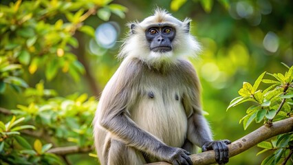 Fototapeta premium Symmetrical gray langur on a tree, high point, predators, danger