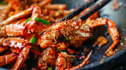 Deliciously cooked crab claws are being picked up with chopsticks, showcasing vibrant mix of spices and garnishes. dish looks appetizing and flavorful, perfect for seafood lovers