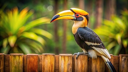 Symmetrical Great Hornbill perched on a wooden fence
