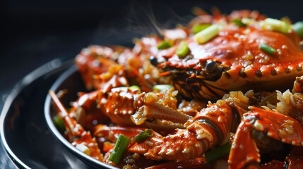 Deliciously cooked crab garnished with green onions, showcasing vibrant colors and textures, perfect for seafood lovers. dish exudes warmth and flavor, inviting delightful dining experience