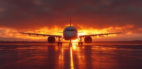 Airplane on runway at sunrise with dramatic sky.