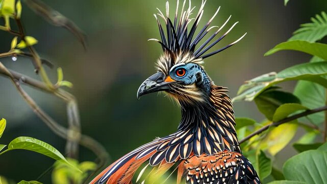 Vibrant bird perched on a branch in a lush rainforest