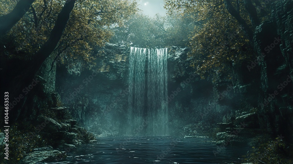 Poster Mystical Waterfall in a Lush Forest - Nature Photography