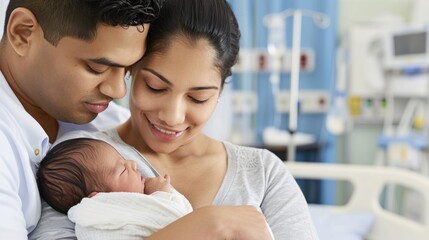 Parents embracing newborn in hospital room filled with medical equipment.