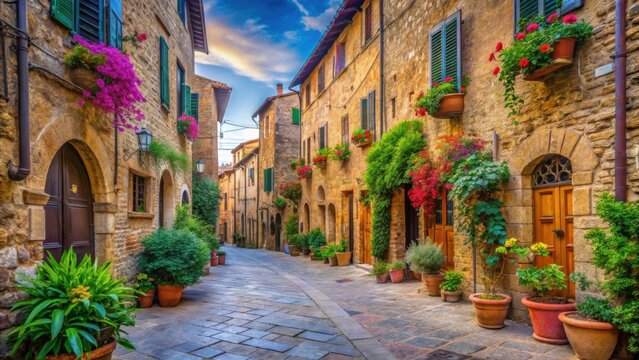 Fototapeta Vibrant and colorful street with historic buildings in Pienza, Tuscany, Italy, Pienza, Tuscany, Italy, colorful