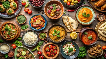 Fototapeta premium Diverse selection of dishes from around the world , global flavors, multicultural, international food, fusion cuisine