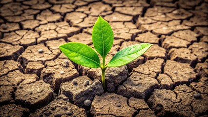 Symmetrical green sprout emerging from parched soil