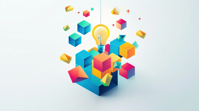 vibrant light bulb surrounded by colorful geometric shapes symbolizes creativity and innovation. This dynamic composition inspires fresh ideas and imaginative thinking