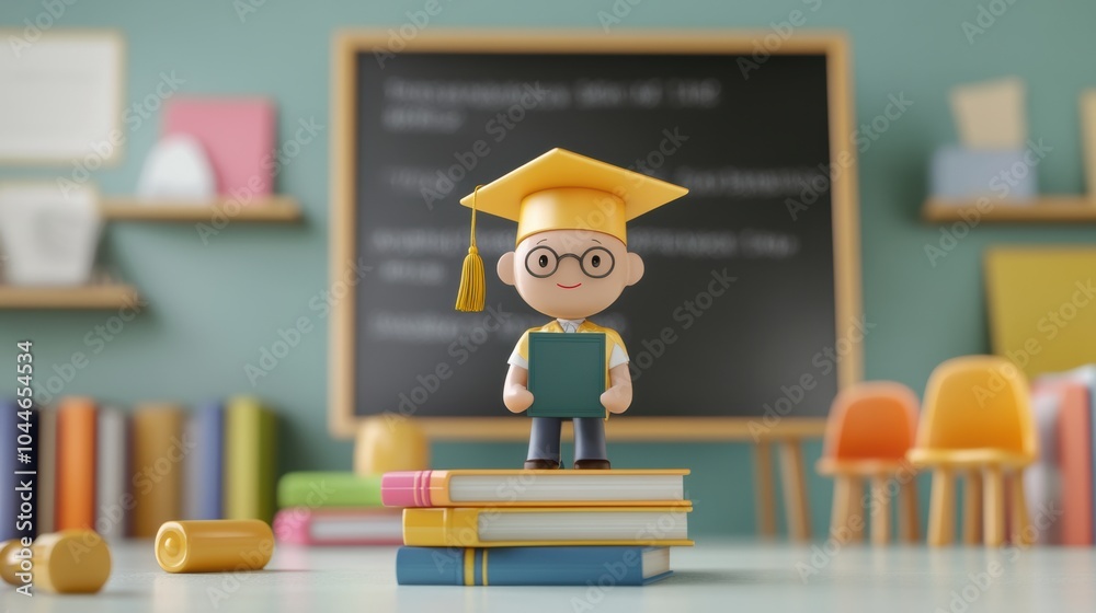 Aufkleber a cheerful graduate figurine holds a diploma while perched on stacked books in a vibrant classroom f