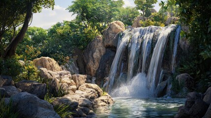 Naklejka premium Cascading Serenity: A Tranquil Waterfall in Nature's Embrace