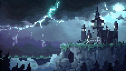 Stormy night at a cliffside gothic castle pixel art background. 8-bit game assets