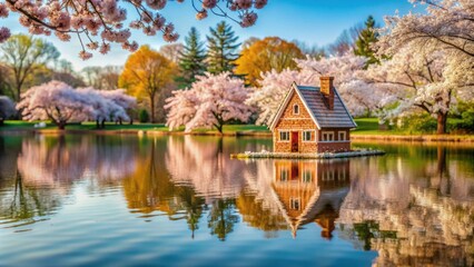 Fototapeta premium Gingerbread house reflecting in lake surrounded by cherry blossoms, gingerbread house, lake, reflection, cherry blossoms