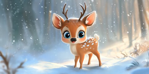 Naklejka premium Little cartoon deer in the snow, winter weather cute beautiful stag in it with shiny eyes in cold forest