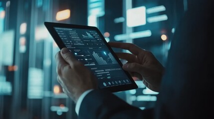 The businessman's hands are holding a tablet on which dynamic graphs and analytical materials are displayed