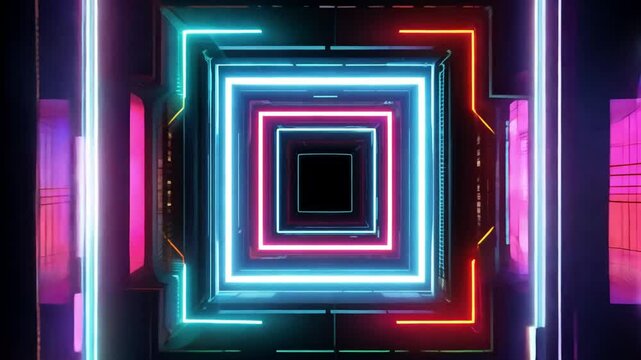 Camera moving through a square shaped tunnel illuminated by glowing neon lights, changing color over black background. Perfect for vjjing