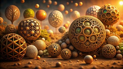 Tranquil artwork of interconnected organic forms in warm earthy tones reflecting the harmony of nature, nature, interconnected