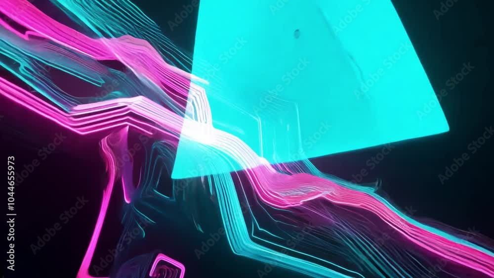 Poster glowing neon structures transform into vibrant, abstract waves against a black background, creating 