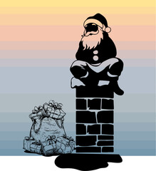 Santa Claus Silhouette Sitting on Chimney with Sack of Gifts, Christmas Vector Illustration on Gradient Background, Festive Holiday Design