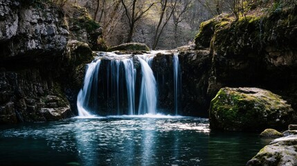 Fototapeta premium Cascading Serenity: A Tranquil Waterfall in Nature's Embrace