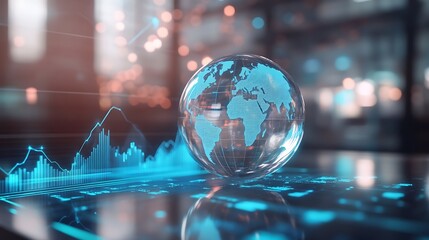 Fototapeta premium Planet earth design with glass as a blue sphere with background of blue graphs and lines, defocused background, concept of business and global trading