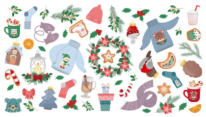 Fototapeta premium Set with winter elements - scarf, sweater, mittens, Christmas tree decorations, cookies, mulled wine and cocoa vector illustration. Winter wind illustration. For cards, invitations, posters, textiles