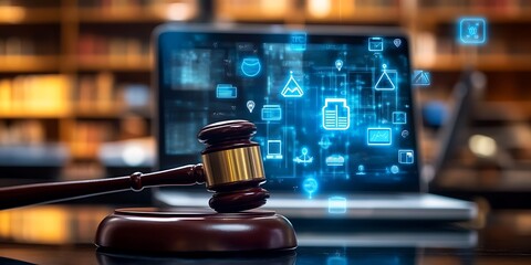 Wooden hammer and gavel with background of digital blue scale and digits on a laptop screen, concept of justice and technology