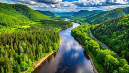 Obraz premium Aerial view of lush greenery surrounding the scenic Malbaie River in Quebec, Canada, Quebec, Canada, Malbaie River, aerial view