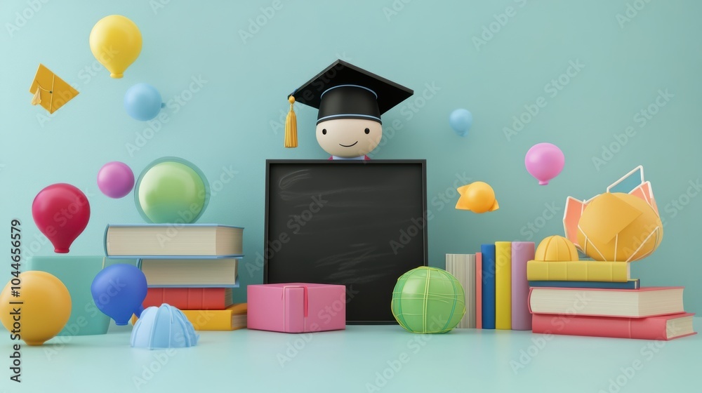Aufkleber a happy graduate holds a blank chalkboard while surrounded by vibrant balloons and stacks of books i