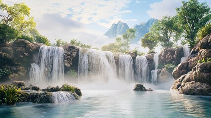 Fototapeta premium Cascading Serenity: A Tranquil Waterfall in Nature's Embrace