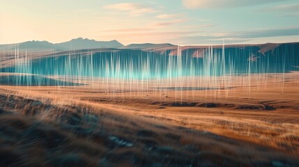 Sound waves radiating across a serene landscape, symbolizing the interconnectedness and harmony of natural and auditory elements.