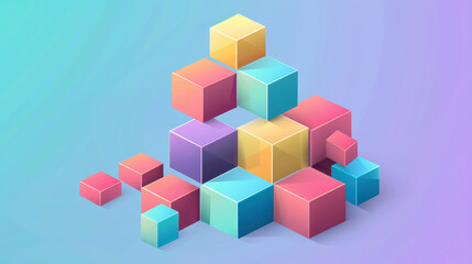 Fototapeta premium Colorful geometric shapes create vibrant and playful composition, showcasing variety of pastel cubes stacked in artistic arrangement. soft gradient background enhances visual appeal