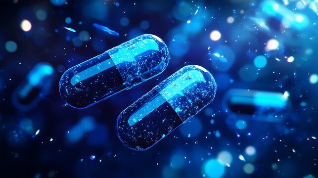 Digital design of high tech blue pills with reflective glass like design floating on cyber environment, medical and technological concept