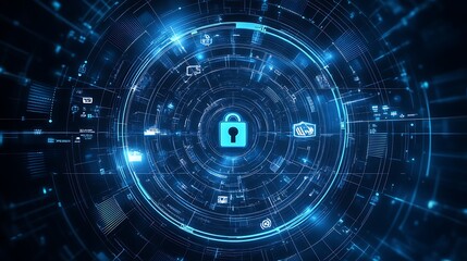 Security and data protection concept, data safety and cybersecurity conceptual design with blue high technology design of a padlock