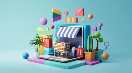 vibrant digital shopping scene featuring laptop with storefront, shopping cart, and colorful geometric shapes, evoking sense of excitement and convenience in online shopping